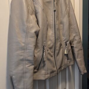Suzy Shier Gray Leather Jacket with Zip Accents